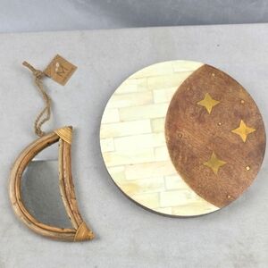 NWT Matr Boomie Fair Trade Rustic Moon Mirror & Moon & Star Plate Decor Set